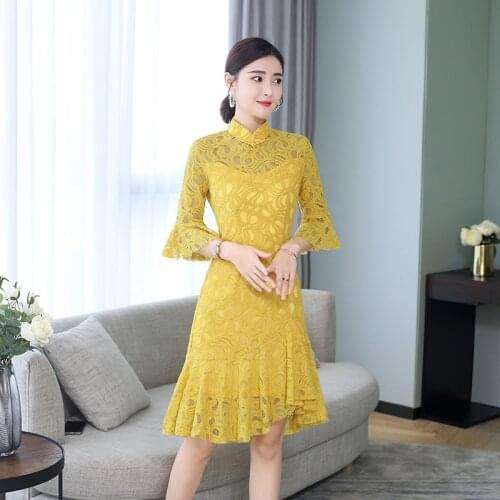 2019 Fashion Lace Yellow Cheongsam Girls Chinese Elegant Dress Women Short Mini Qipao Dresses Casual Evening Gown China Qi Pao