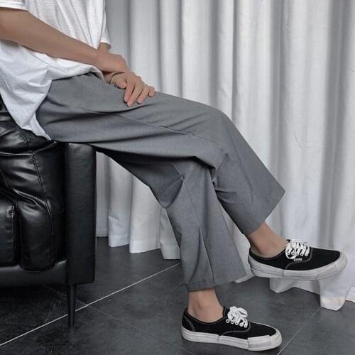2021 New Straight Pants Mens Thin Ice Silk Suit Pants Fashion Loose Nine-point High Waist Japanese Casual Streetwear Trousers