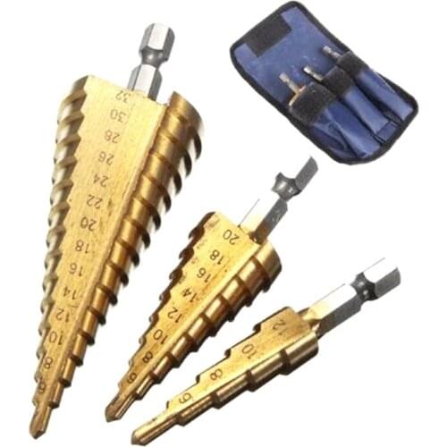3Pc Step Drill Bit Set Cone Hole Cutter Taper Metric 4 - 12 / 20 / 32mm 1 / 4 Inch Titanium Coated Metal