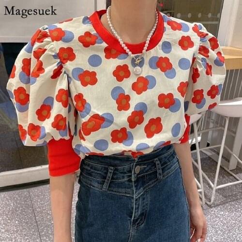 Summer New Puff Short Sleeve Print Floral Women Shirt Korean Chic Vintage Elegant Blouses Blusas Fashion Loose Ladies Tops 14195