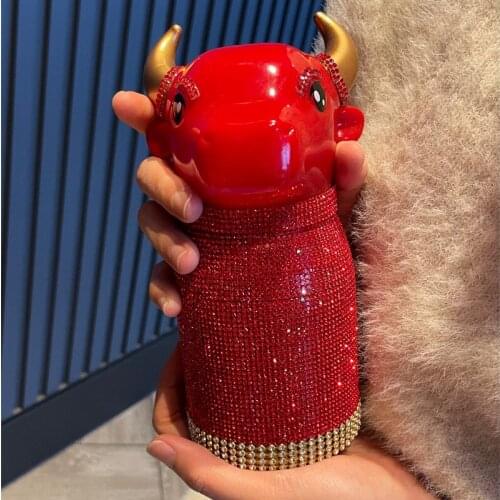 New Year of The Ox Cute Rhinestone Cup 304 Stainless Steel Portable Water Cup Big Belly Mug Cute Water Bottle Kawaii Bottle