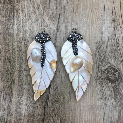 Leaf Shape Shell Charm Pendant Paved Pearl and Rhinestone Cap Necklace Jewelry Making MY1337