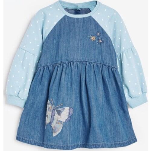Autumn Baby Girl Butterfly Denim Dresses Kids Contrast Color Cotton Frocks Toddler Girl Christmas Outfits Boutique Clothes 2Y-7Y