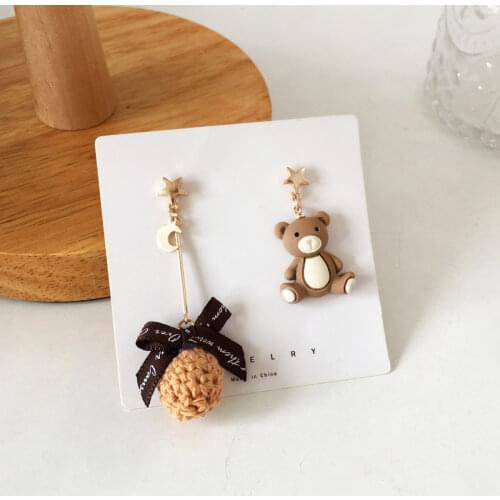 S925 Needle Cartoon bear girl bow beautiful star and moon asymmetric earrings