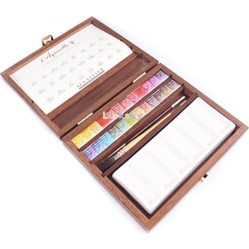 Sennelier L'Aquarelle Wood Watercolor Half Pan Set, 24 Half Pans, Porcelain Palette, Sennelier Brushes Size 2 and 3,Art supplies