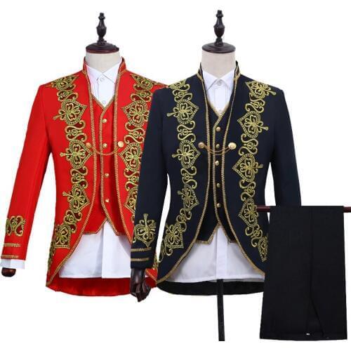2019 Hot 3 Colors Groom Tuxedo Wedding Singer Suits Gold Embroidery Slim Fit Suit Prom Dresses Fashion Casual Suit Men