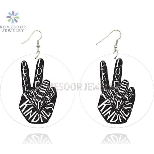 SOMESOOR Love Peace Hope Faith Kindness Wooden Drop Earrings Yeah Hands Black Sayings Arts Both Sides Printed For Women Gifts