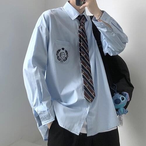 DK Uniform College Style Long Sleeve Shirt Men Autumn Korean Style Loose Embroidered JK Couple Shirt Student Class Uniform