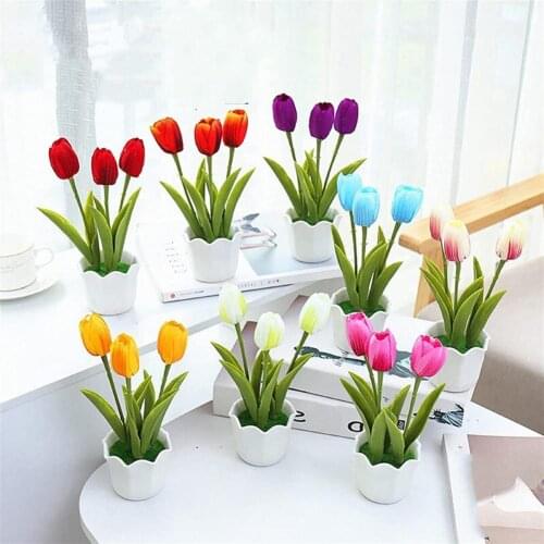 1 Pot Artificial Flower 3 in 1 Multi-purpose Faux Silk Simulation Tulip Flowerpot Artificial Flowers For Home Wedding Decoratio