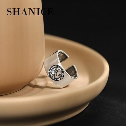 SHANICE 925 Sterling Silver Open Ring For Women Ins Retro Style Wide-faced Eliza White Portrait Punk RingFor Party Birthday Gift