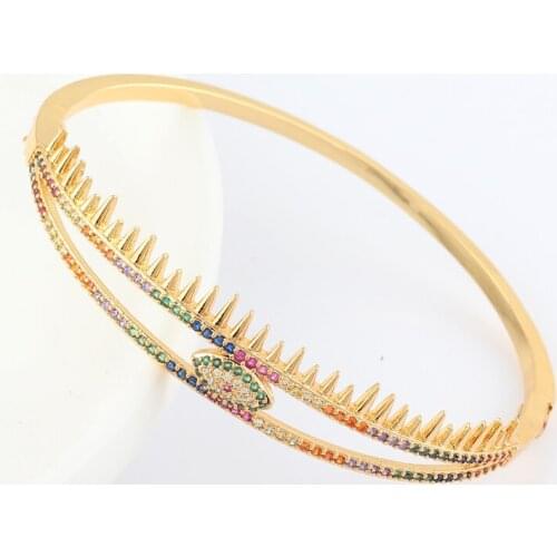 Gold Filled Rainbow CZ Cuff Lucky Evil Eye Charm Bangle Paved Tiny Sparking Shiny Cryst Stone For Women Charm Jewelry Party Gift