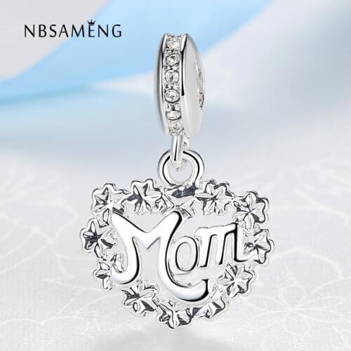 2018 Silver Plated Love Heart Mom Beads With Crystal Pendant Beads Fit Bracelets & Bangles For Women DIY Jewelry H2074