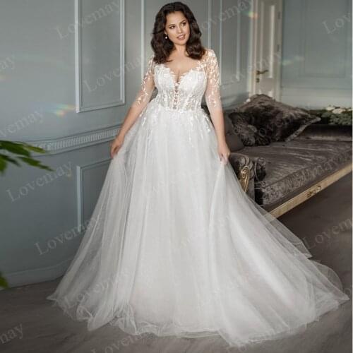 2021 Plus Size Lace Beach Wedding Dress 2021 Long Sleeves V Neck Tulle Vestidos De Novia Lace Appliques A Line Bridal Gown