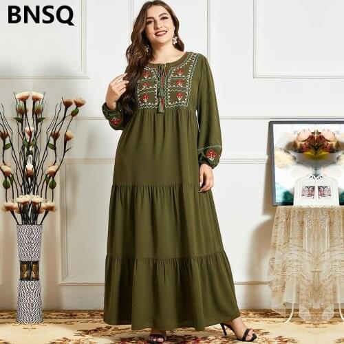 Blue Embroidered Long-sleeved Multi-layered Pleated Army Green Dress Arab Robe Muslim Summer Maxi Dress