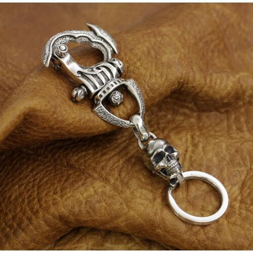 925 Sterling Silver Huge Skull KeyRing Mens Biker Punk Keychain 8J035