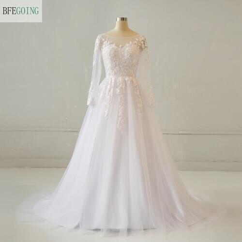 White Lace Appliques Beading Long Sleeves Floor-length A-line Wedding dress Court Train Custom made