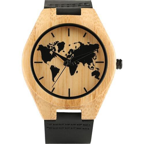 Black Ink World Map Dial Watch Natural Bamboo Wood Watch Fashion Casual Leather Men Quartz Analog Round Wristwatches Clock Male
