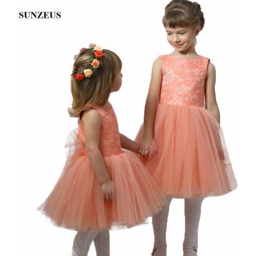 Coral Flower Girl Dresses 2019 New A-line Lace Kids Wedding Party Gowns Knee Length Tulle Children Dress keyhole back FLG032