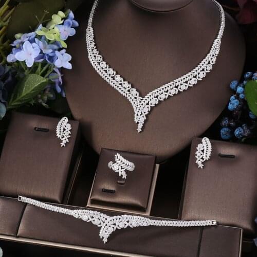 Janekelly 4pcs Bridal Zirconia Full Jewelry Sets For Women Party, Luxury Dubai Nigeria CZ Crystal Wedding Jewelry Sets