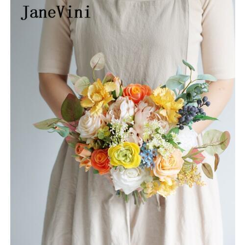 JaneVini 2019 Orange Flowers Wedding Bridal Bridesmaid Bouquets Holder Ramo Novia Artificial Silk Yellow Roses Bouquet De Mariee