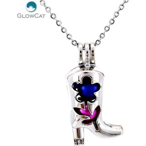 K664 Silver High Heel Boots Beads Cage Pendant Steel Necklace Women Girls Party Gift Locket