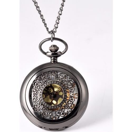 Pocket Watch Black Round Delicate Flower Pocket Watch Men Antique Luxury Brand Necklace Pocket & Fob Watches Chain Male Clock