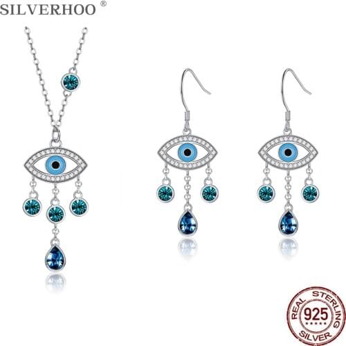 SILVERHOO 925 Sterling Silver Jewelry Set Water Drop Pendant Necklaces With Water Drop Earrings For Women Evil Eye Series Best