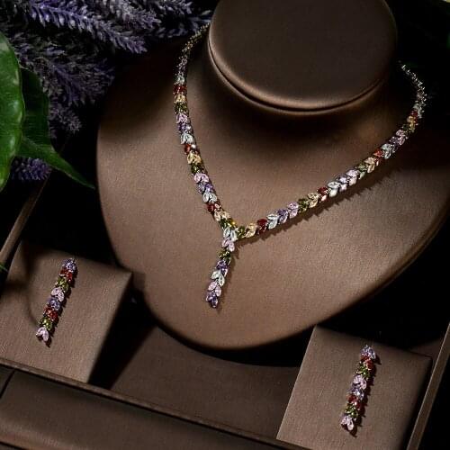 HIBRIDE Micro Pave Cubic Zircon Dangle Drop Leaf Shape Multicolor Wedding Jewelry Set Women Evening Party Dress Accessories N-11