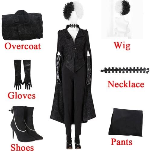 Cruella De Vil Cosplay Costume Black Overcoat Uniform Women Long Flared Sleeves Windbreaker Uniform Halloween Outfits Adult