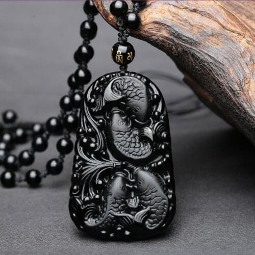 Handmade Weave Black Obsidian Stone Engraved Fish Pendant Long Beads Chain Necklace Transfer Lucky Gift Jewelry