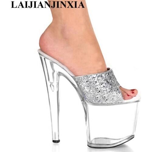 LAIJIANJINXIA Summer Clear High Heel Shoes Women Sexy Crystal Shoes 20cm Silver Glitter Slippers Dancer Stripper Platforms Shoes