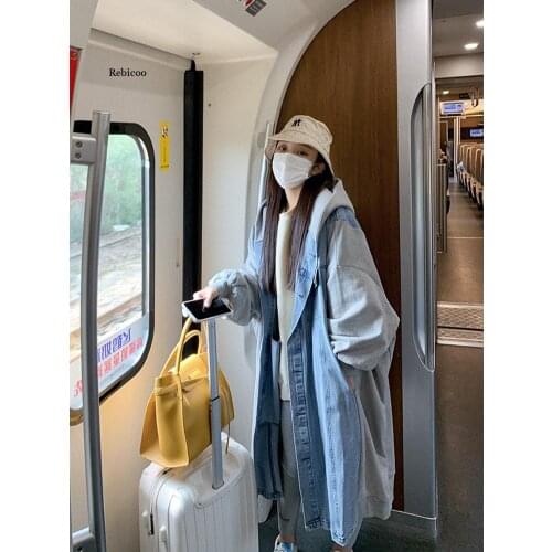 Fashion Street Style Hooded Denim Lamb Wool Coat Womens Autumn and Winter Korean Style Mid-Length Leisure Cargo Fleece-Lined
