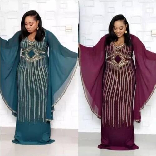 Houseofsd Fashion African Womens Embroidery Sequins Round Collar Big Flare Sleeve Slim Muslim Party Long Dresses