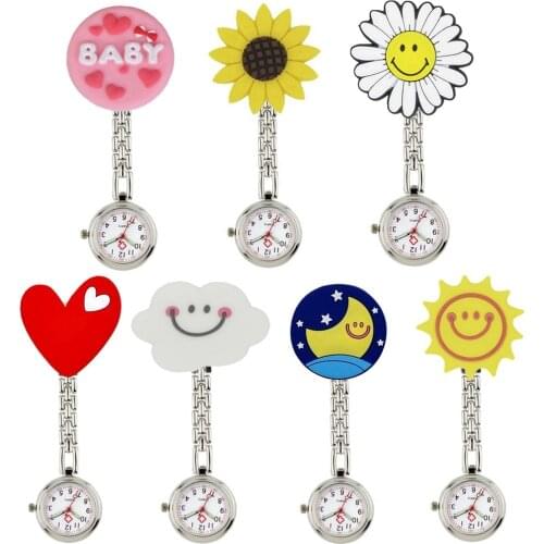 Fashion Cartoon 3D Smile Sunflowers Heart Sun Moon Baby Stars Sky Pattern Alloy Nurse Doctor Dress Quartz Pocket Clips Watches