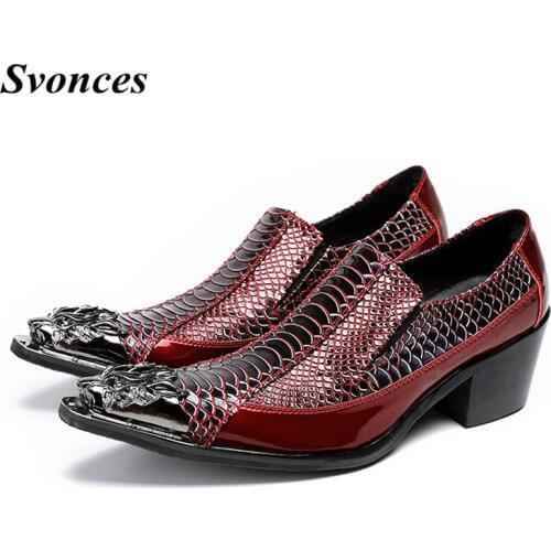 Wine Snake Print Genuine Leather Pointed Toe Slip On Metal Tip Men Dress Shoes Evening Party Wedding Flats For Men Plus Size 46