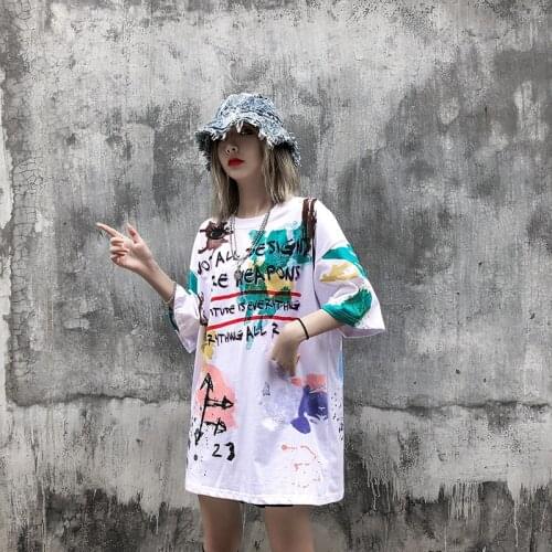 2021 summer new style personality fashion trend loose cartoon graffiti tie-dye all-match couple short-sleeved T-shirt