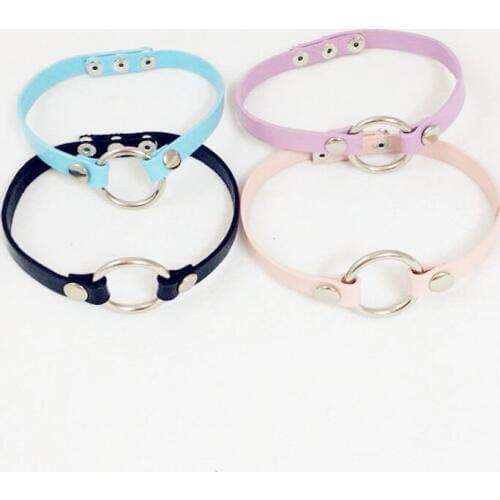 Fashion New Punk Rock O Round Collar Chokers 100% HANDMADE Leather Harajuku Necklace Black/White/Pink/Purple/Blue 5 Colors