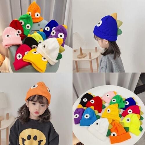 Wholesale Kids Hats Boys Girls Warm Velvet Winter Knitted Beanie Hat Woolen Cute Cartoon Dinosaur Children Baby Hats and Caps