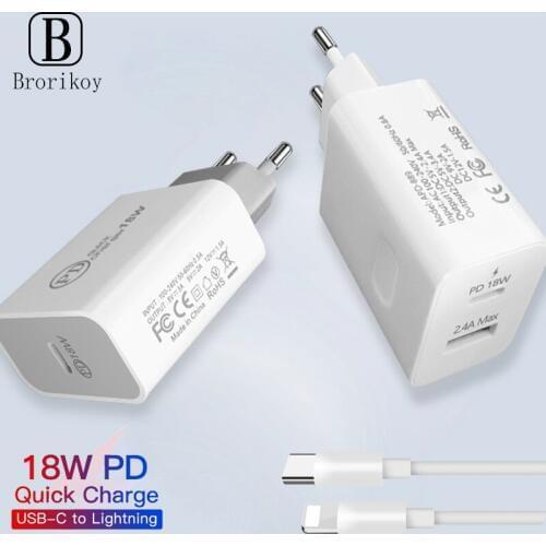 PD 18W Quick Charge QC 3.0 4.0 Mobile phone Fast Charger for iPhone Xs 11 Pro Max 8 Plus X PD USB-C Type-C to Lighting USB Cable