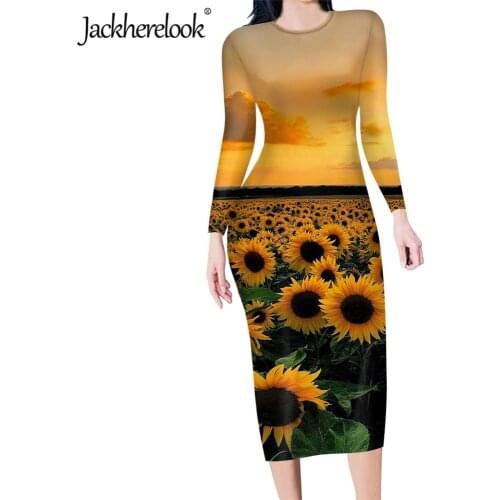Jackherelook Yellow Floral Sunflower Print Sexy Women Pencil Dresses Casual Long Sleeve Tunic Bodycon Dress for Teen Girls Mujer