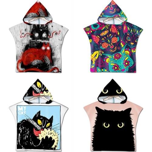 Printed Cat Pattern Hooded Cloak Beach Towel Unisex Robes Bath Wearable Towel Fast Drying Surf Microfiber Swimming Bath Towel