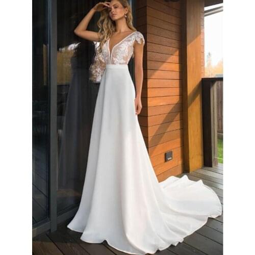 Sexy Deep V Neck Illusion Bodice Wedding Dresses Cap Skeeve Open Backless A Line Boho Bridal Gowns Vestido De Noiva Sweep Trail