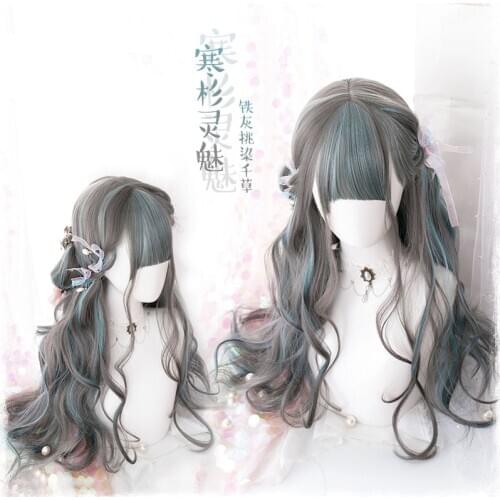Blue+Gray Mixed 65cm Curly Wavy Long Wig Harajuku Gothic Lolita Cute Princess Daily Cosplay Costume Wigs + Wig Cap