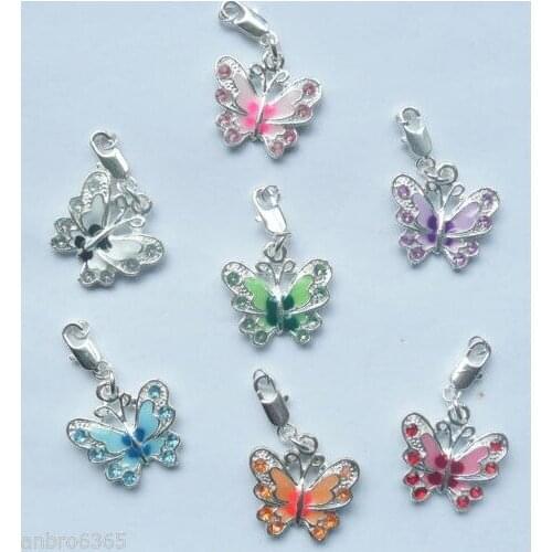Vintage Silver Enamel Mixed Butterfly Rhinestone Lobster Clasp Charms Pendants For Bracelet Necklace Jewelry Making 50pcs Z1919