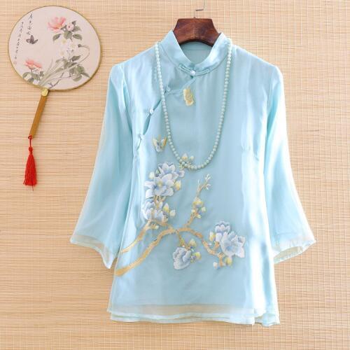 High-end Spring and Summer Chinese Style Embroidery Silk Organza Blouse Shirt Women Fashion Elegant Loose lady Shirt Top S-XXL