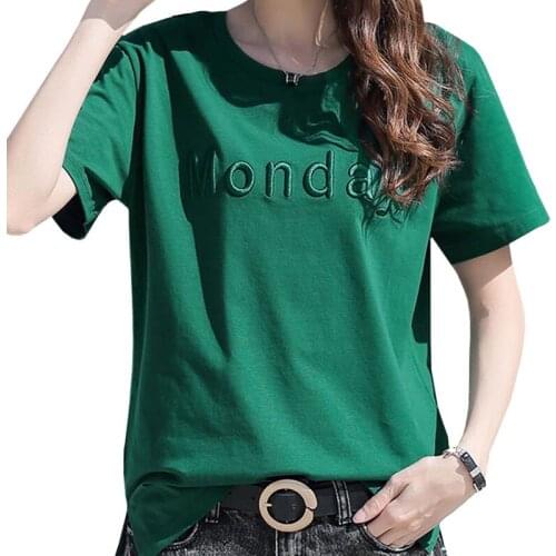 ZuoLunOuBa Cotton Short Sleeve Fashion Summer Women T Shirt Embroidery Letter Monday Harajuku Plus Size Lady Tees Tops Female