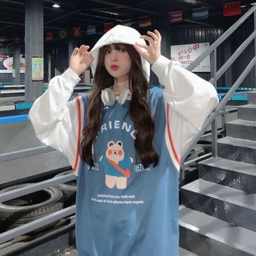 Autumn Women Hoodies Patchwork Long sleeve Korean style Loose Cartoon print Hooded Sweet Casual pullover female TOP 2020 HOT