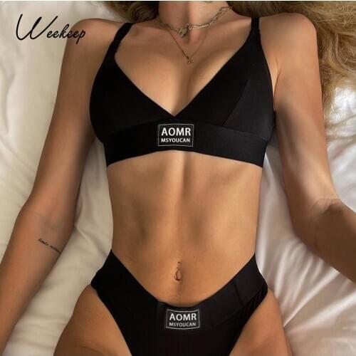 Weekeep Casual Black Beachwear V Neck Bra and Underwear Set Sexy Embroidery Letter Women Summer Two Piece Lingerie Suit Backless