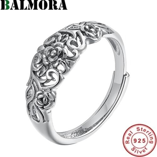 BALMORA 100% Pure 925 Sterling Silver Rose Floral Rings For Women Hollow Carved Ring Adjustable Open Finger Ring Jewelry Gift