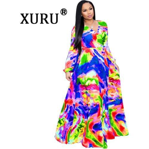 XURU summer new womens digital print dress style big chiffon long dress bohemian beach dress lined S-3XL-5XL